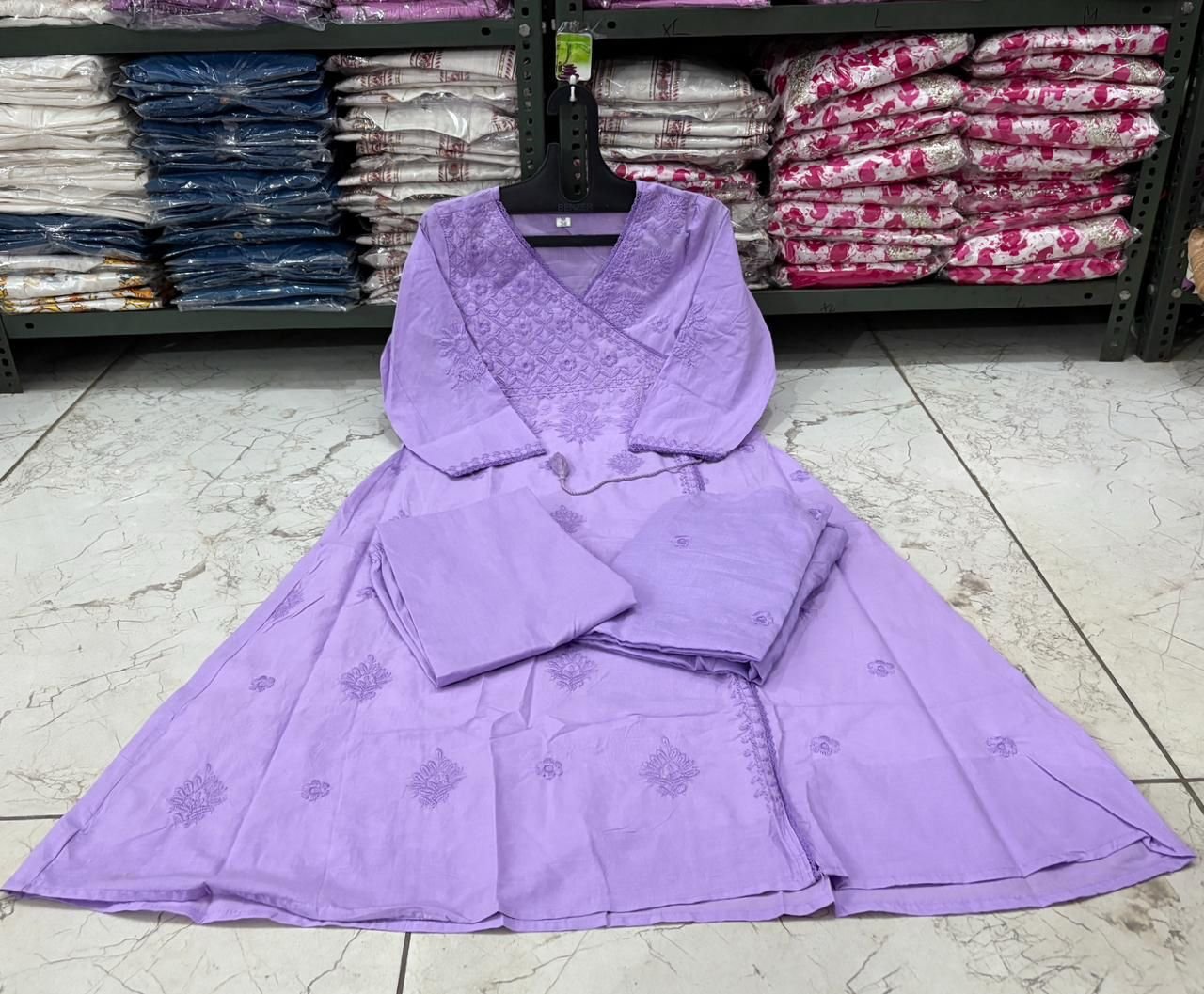 Purple Cotton Chikankari Angrakha Set